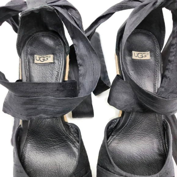 UGG Lucianna Black Ribbon Ankle Wrap Tie Peep-Toe Braid Jute Wedge Heel Sandals - Picture 8 of 11